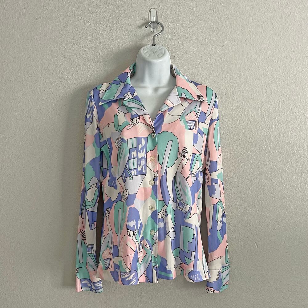 Vintage 70s Sears Pastel Art Deco Woman Disco Shirt Button Up Blouse Size L